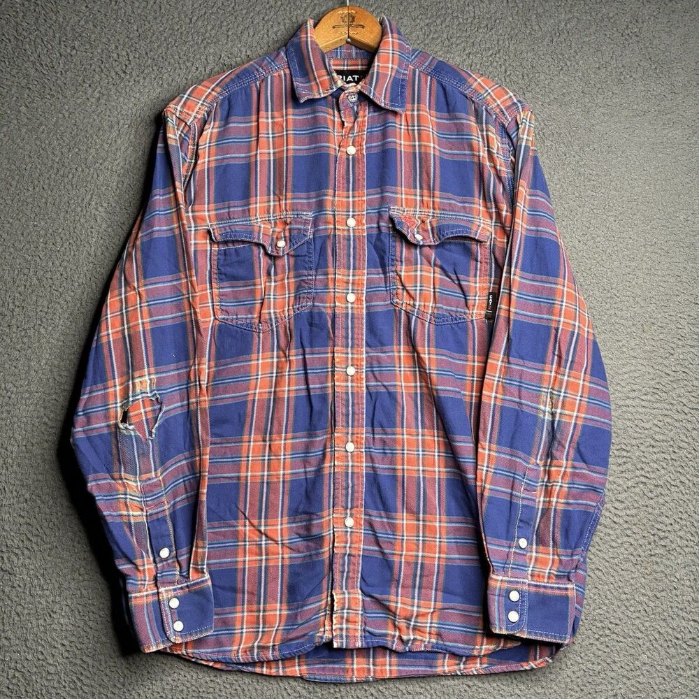 Ariat Work Shirt Men Medium Plaid Flame Resistant FR CAT 2 Pearl Snap Shirt